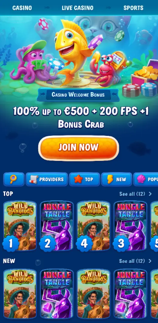 Radosna rybka, ośmiornica i krab z automatami do gier prezentują kolorowy baner powitalny kasyna z ofertą bonusu i darmowych spinów w podwodnym świecie.